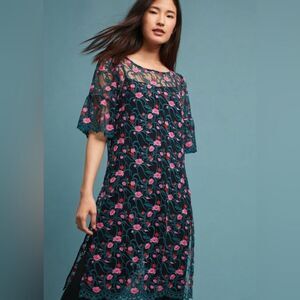 Anthropologie Floral Embroidered Mesh Tunic Dress Size MediumDark Romantic
